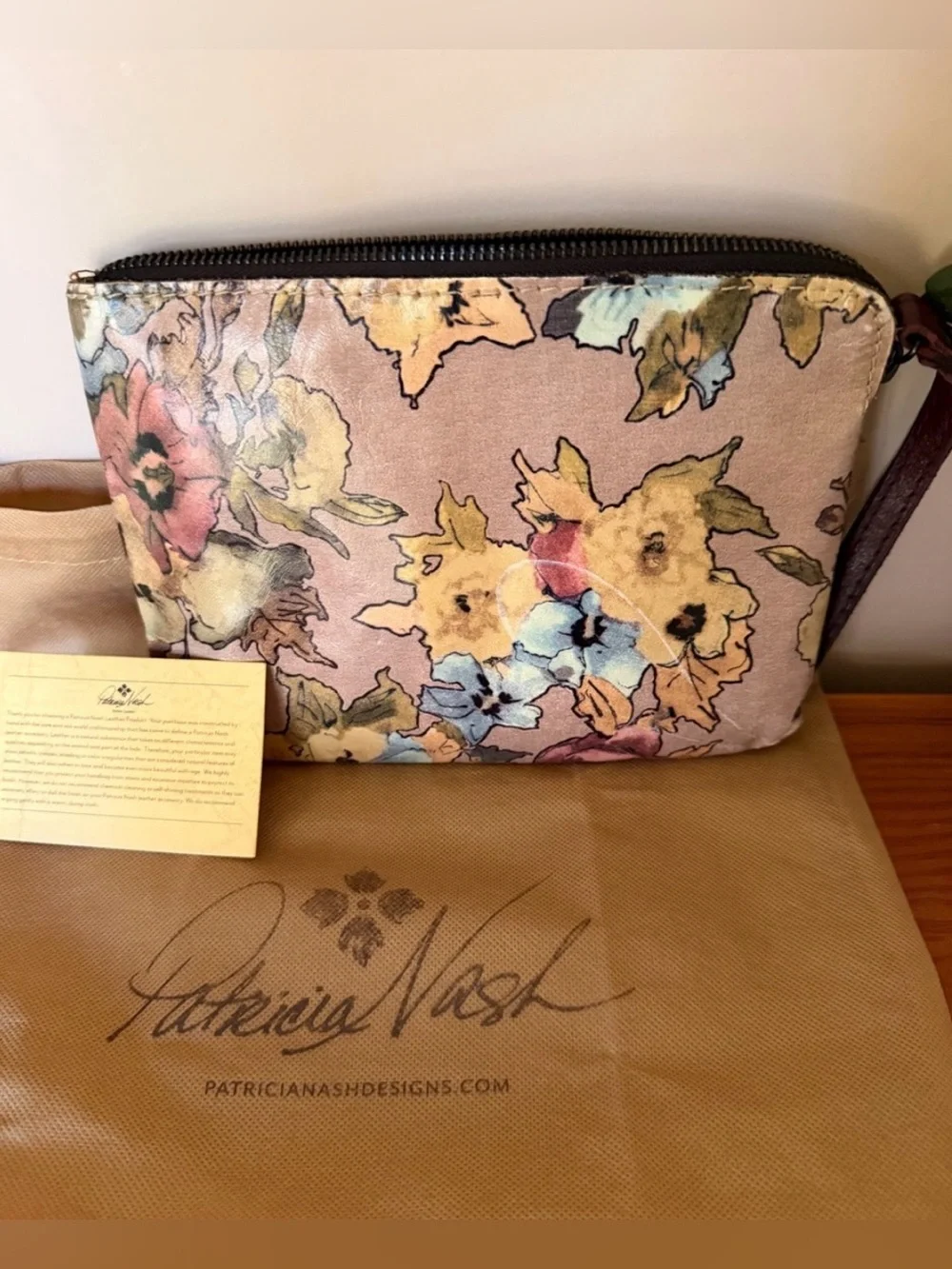 Patricia Nash Dusty Rose Floral Leather Wristlet